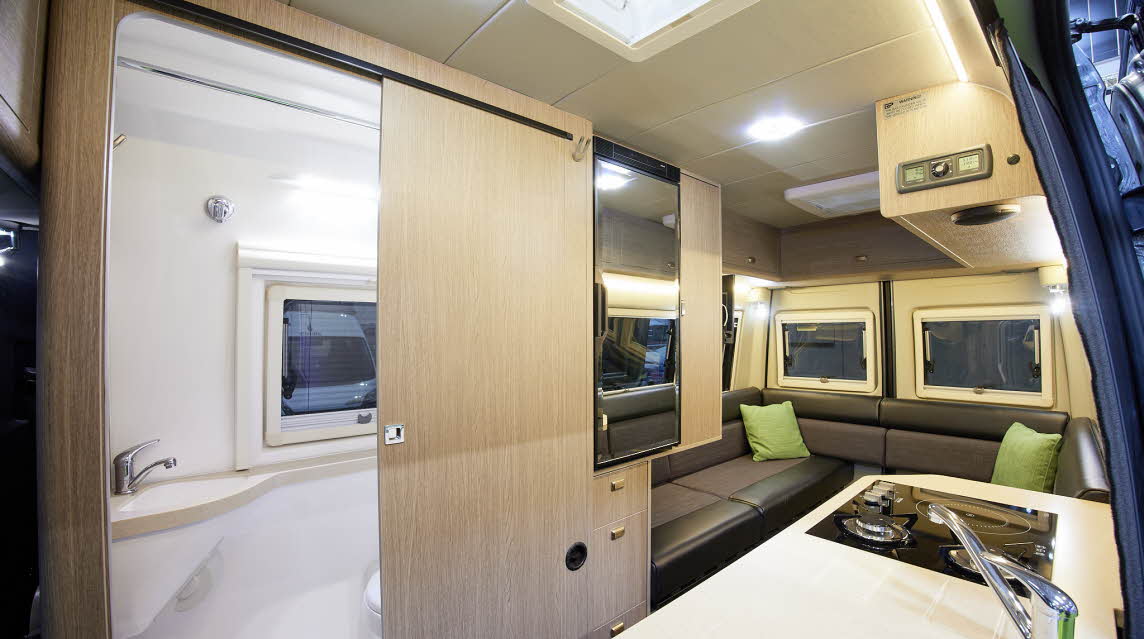 Wooden furniture, grey upholstery, washroom, kitchen, rear lounge, lime cushions
