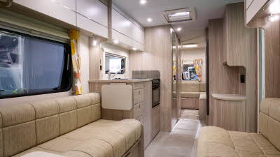 Xplore 585 internal, beige upholstery, wooden furniture, lounge, kitchen, rear lounge, skylights