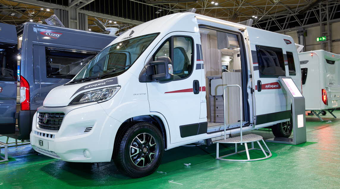 Van conversion, fixed roof, white, red graphics