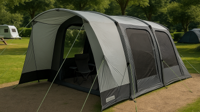 The Campmaster Airnest has grey canvas with complementary lighter grey porch