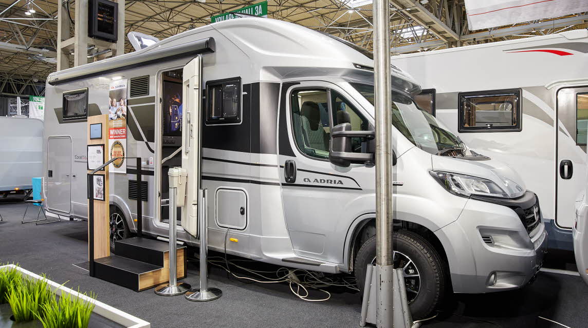 Coachbuilt motorhome, white, black stripe