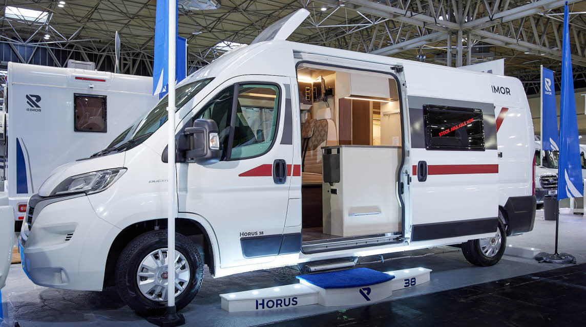 Van Conversion, white, red graphic, open skylight