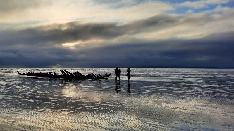 Driftwood on the beach at Pembrey at low tide 