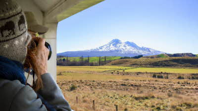Woman taking a photograph from Northern Explorer in New Zealand