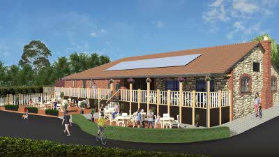 Artist's impression of the main building and cafe at Bridport Bingham Grange Club Campsite