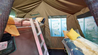 Venter Trailers Savuti interior, brown canvas, single bed, ladder to raised bed