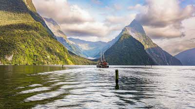 A boat on calm waters of Milford Sound looking at the high green peaks in the distance