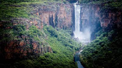 Beautiful waterfall from a distance at Kakadu National Park