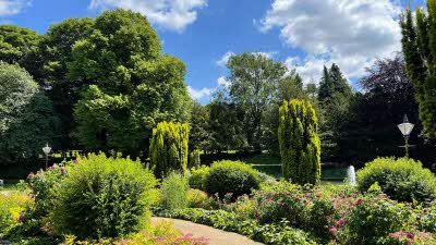 Green shrubs and trees against a blue sky at Pavilion Gardens, Buxton