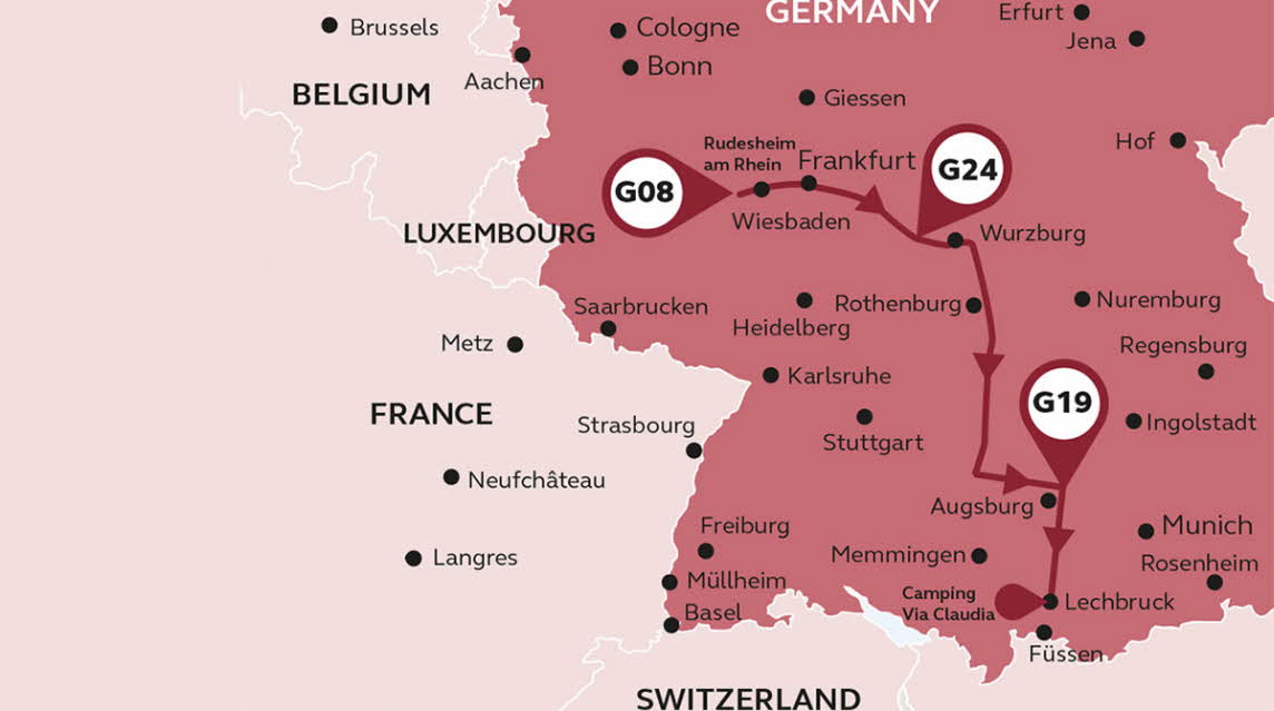 Route map of European tour Romantic Road