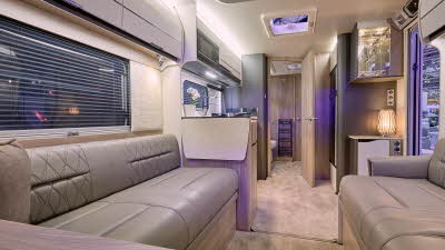 Swift Elegance Grande 835 interior, beige leather upholstery, pale wood furniture, drinks cabinet, lounge, ktichen, washroom. skylights
