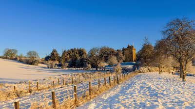 Sun lights snow lying on fields and footpath, against a bright blue sky, with bare trees and a brick building in the background