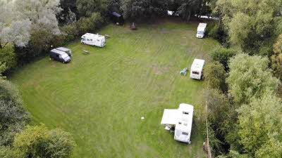 Lashlake Barn, OX9 3AU, Thame, Oxfordshire, CL owner, 2020, aerial view, pitch, caravan, trees, car