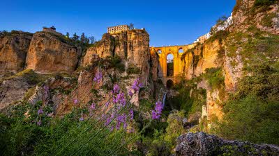 View of El Tajo de Ronda a deep dramatic gorge dividing the city with a bridge during the blue hour in the evening in Ronda Spain.