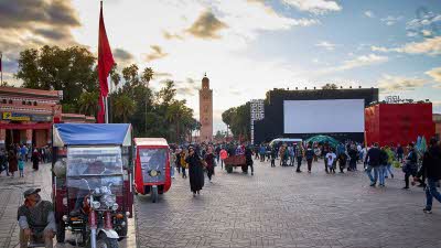 Medina of Marrakech with a minaret in the distance