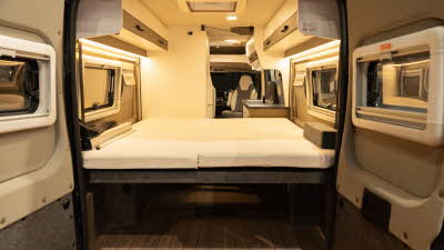The VANTourer 630 L has a rear fixed bed.  Underneath the bed there is a large storage area.
