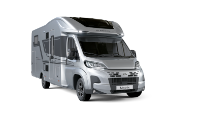 The Adria Matrix Supreme 670 SC is silver and has black decals. 