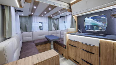 Coachbuilt interior, white/deep purple upholstery, white/wood furniture