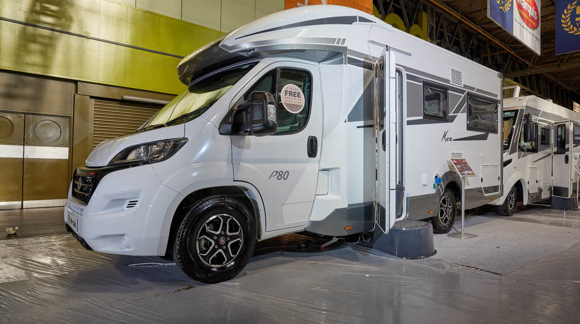 Mobilvetta Tekno Line Kea 80 has a predominately white exterior with black graphics.  The wheels are black alloys.
