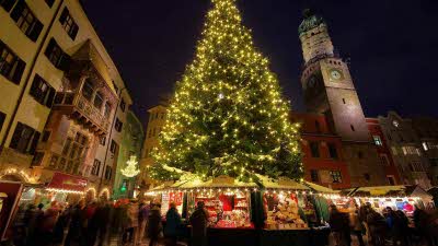 Christmas market with a huge beautifully lit up tree towering above next to the church tower