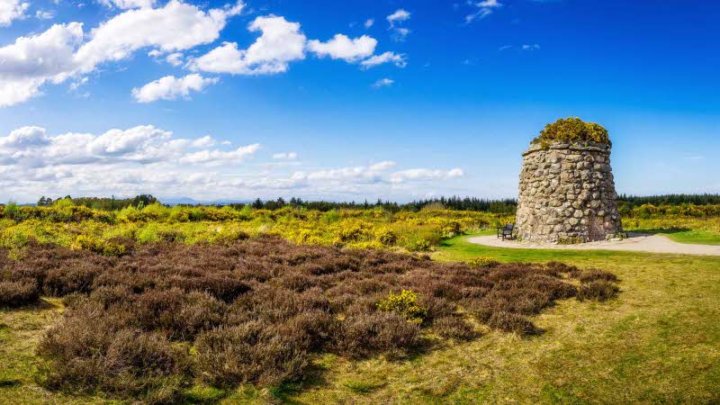 The memorial site of Culloden Battlefield, with a stone commemoration to the Jacobite Rising. 