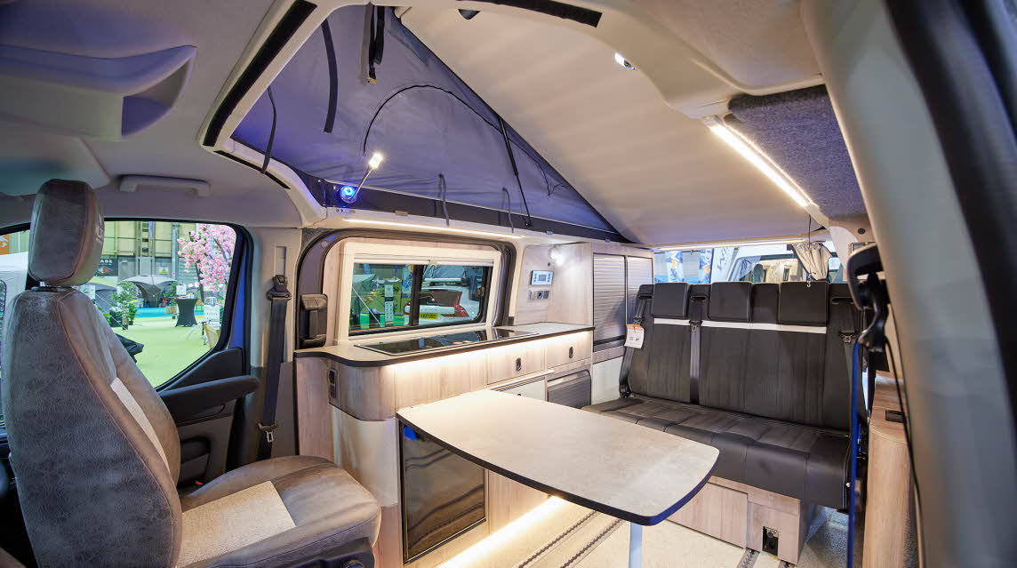 Campervan, rising roof, table, brown/beige upholstery