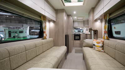 Xplore 422 interior, beige upholstery, wood furniture, rear kitchen, skylight