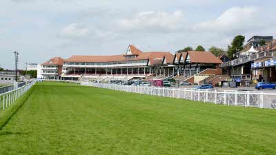 The racetrack and main stand at Chester Racecourse in Chester