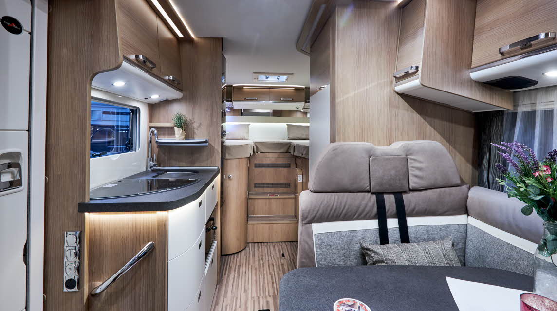 Interior, biege upholstery, wooden cabinets