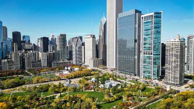 A mixture of buildings in Chicago rising high behind the greenery of the park