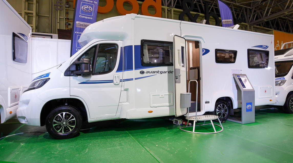 Coachbuilt exterior, white with blue stripe