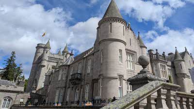 A close up of Balmoral castle from the external stairway looking up at the beautiful curves of the structure