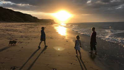 Family and dog walking on a sandy beach as the sun sets