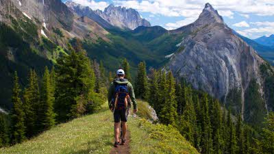 Hiker walking away on a grassy ridge with big trees on the mountains on either side of the track with big mountains and ridges in the distance