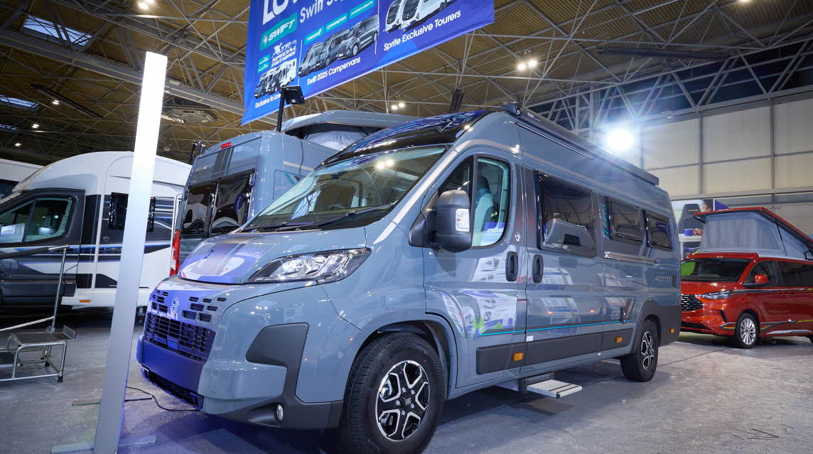 The Swift Carrera 184 is grey with black trim, it's habitation step is extended. 