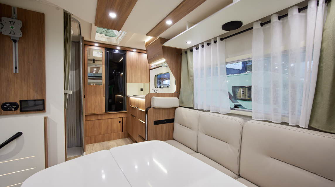 Cream upholstery, wooden furniture, cream interior