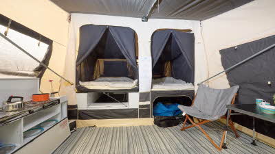Jamet Outdoor All Season interior, bedroom compartments, kitchen unit, stripy groundsheet