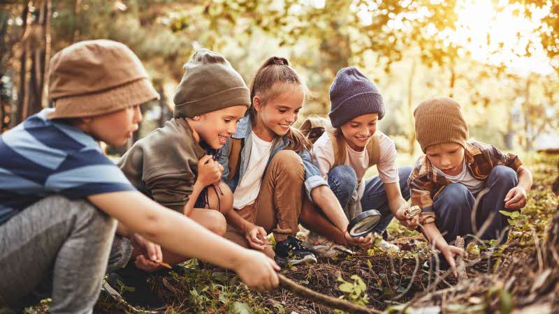 five children investigate wildlife on the forest floor with magnifying glasses