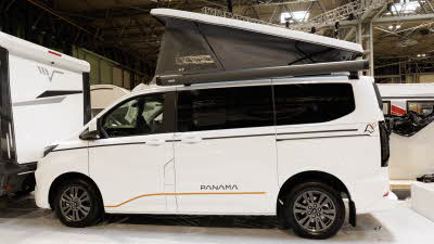 The Panama P\12 is white with black and orange decals.  Its rising roof is open.