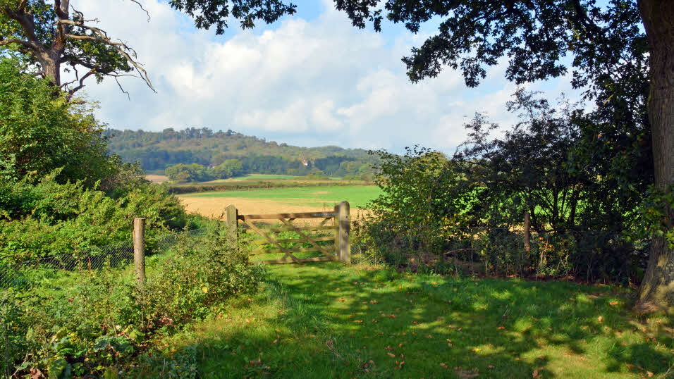 Scenic route in South East England looking out over a gate at the Surrey Hills near Guildford in Surrey
