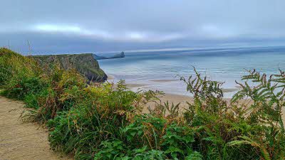 A view from a path with green bracken growing along the edges with the sea below pale is colour leading to darker blue as the sea deepens near the horizon where it meets the cloudy pale blue sky
