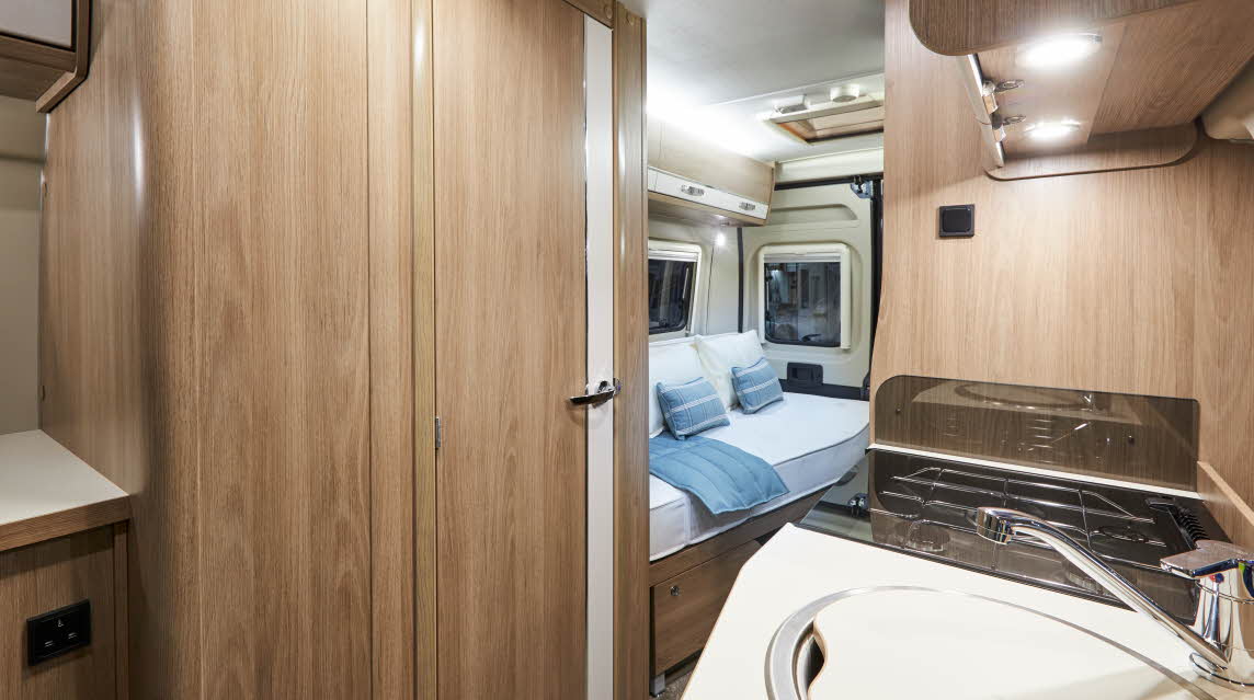 kitchen, rear lounge, wooden cabinets